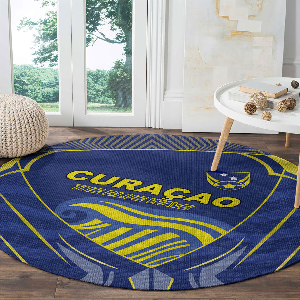 Curacao Football Round Carpet Blue Wave Geometric Caribbean Sports Motif