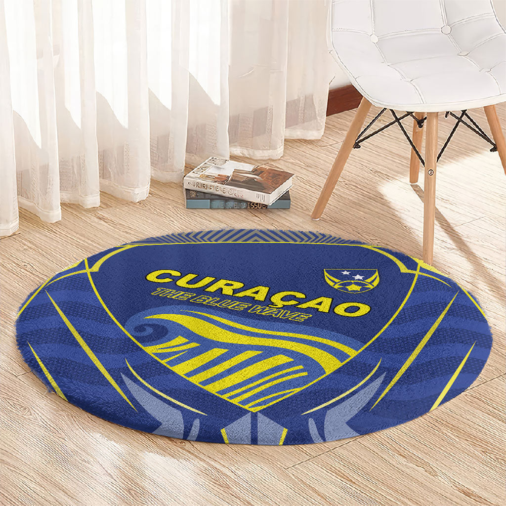 Curacao Football Round Carpet Blue Wave Geometric Caribbean Sports Motif