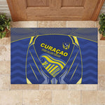 Curacao Football Rubber Doormat Blue Wave Geometric Caribbean Sports Motif