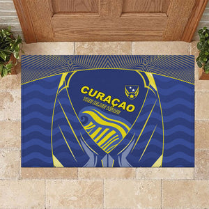 Curacao Football Rubber Doormat Blue Wave Geometric Caribbean Sports Motif