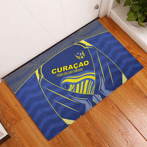 Curacao Football Rubber Doormat Blue Wave Geometric Caribbean Sports Motif