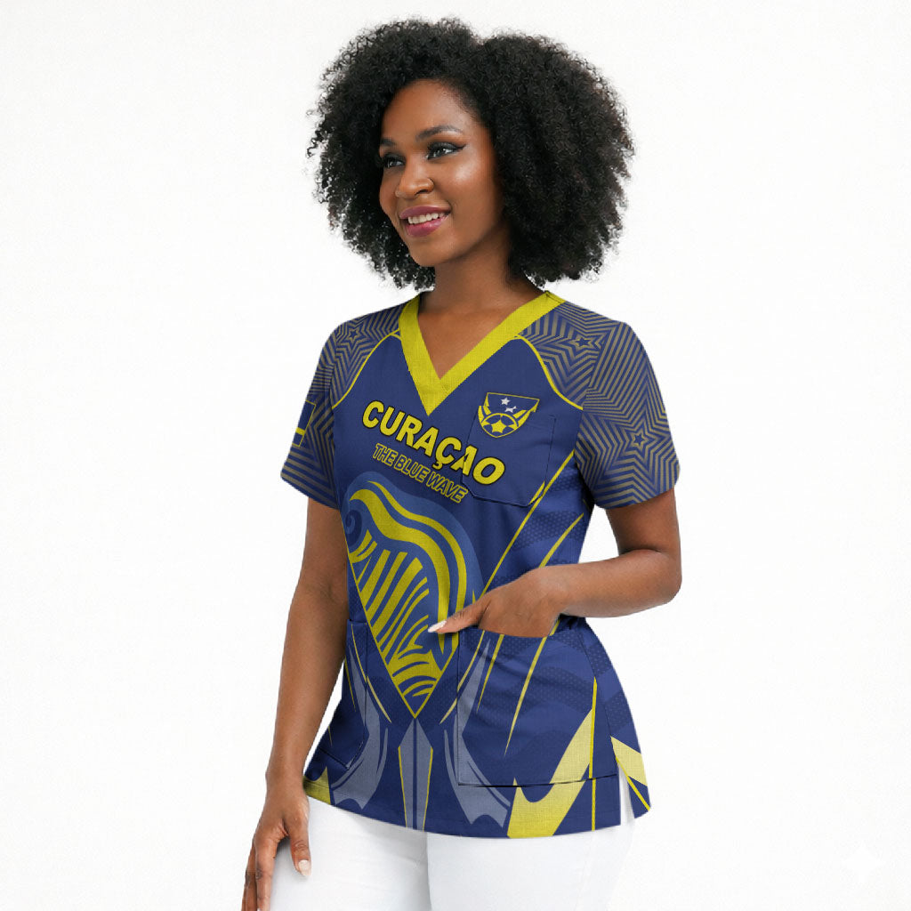 Custom Curacao Football Scrub Top Blue Wave Geometric Caribbean Sports Motif