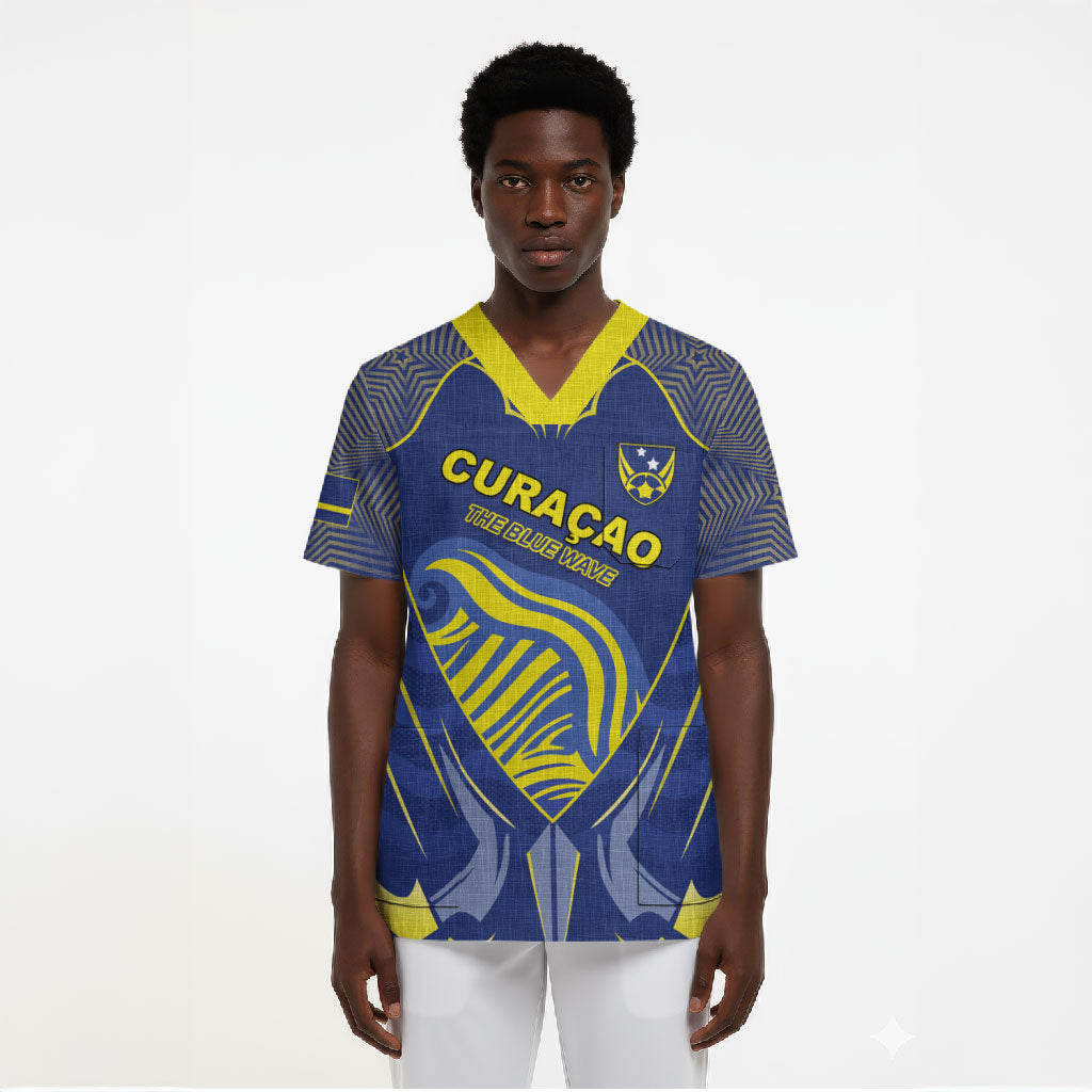 Custom Curacao Football Scrub Top Blue Wave Geometric Caribbean Sports Motif