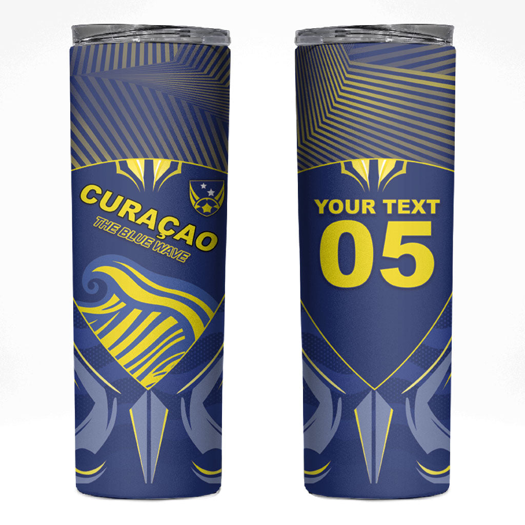 Custom Curacao Football Skinny Tumbler Blue Wave Geometric Caribbean Sports Motif
