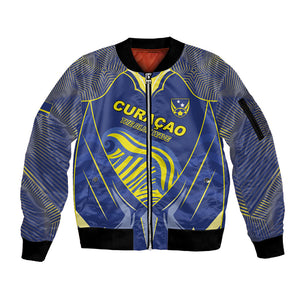 Custom Curacao Football Sleeve Zip Bomber Jacket Blue Wave Geometric Caribbean Sports Motif