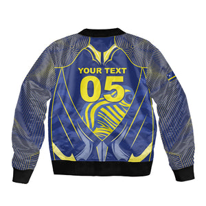 Custom Curacao Football Sleeve Zip Bomber Jacket Blue Wave Geometric Caribbean Sports Motif
