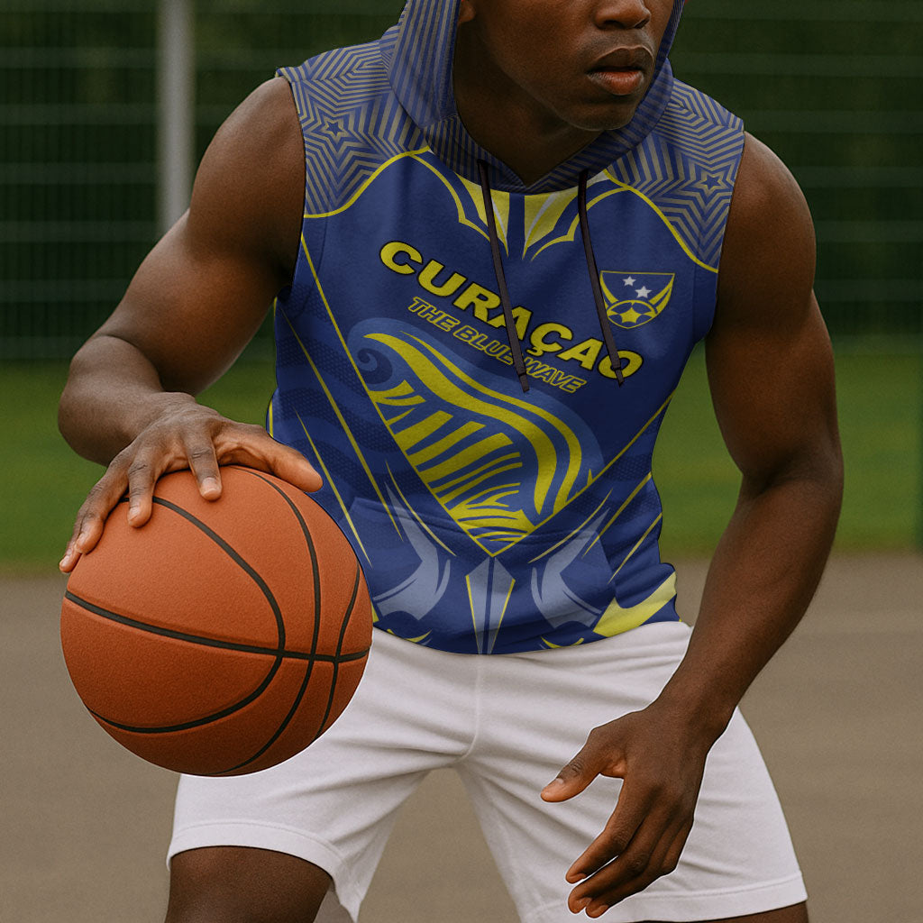 Custom Curacao Football Sleeveless Hoodie Blue Wave Geometric Caribbean Sports Motif