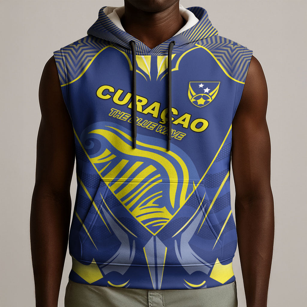 Custom Curacao Football Sleeveless Hoodie Blue Wave Geometric Caribbean Sports Motif