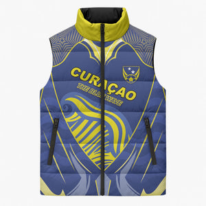 Custom Curacao Football Sleeveless Puffer Jacket Blue Wave Geometric Caribbean Sports Motif