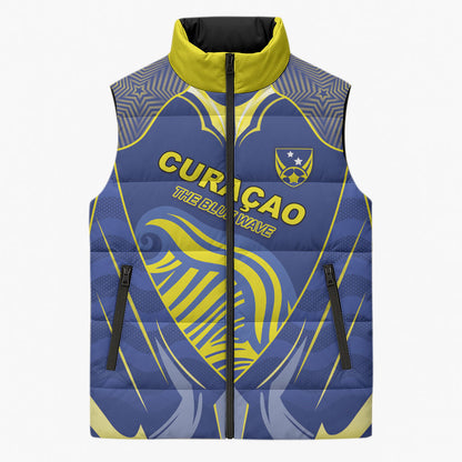 Custom Curacao Football Sleeveless Puffer Jacket Blue Wave Geometric Caribbean Sports Motif