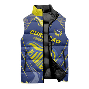 Custom Curacao Football Sleeveless Puffer Jacket Blue Wave Geometric Caribbean Sports Motif