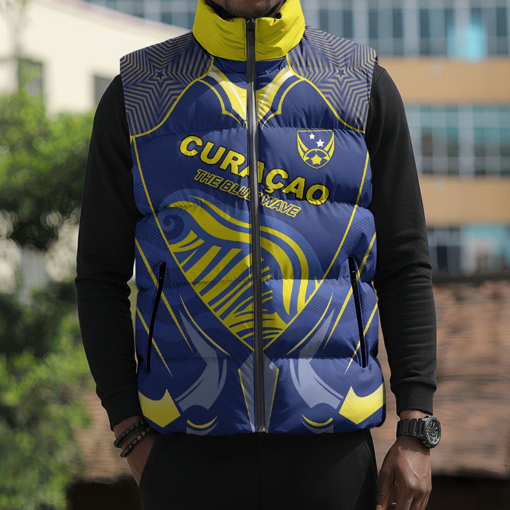 Custom Curacao Football Sleeveless Puffer Jacket Blue Wave Geometric Caribbean Sports Motif