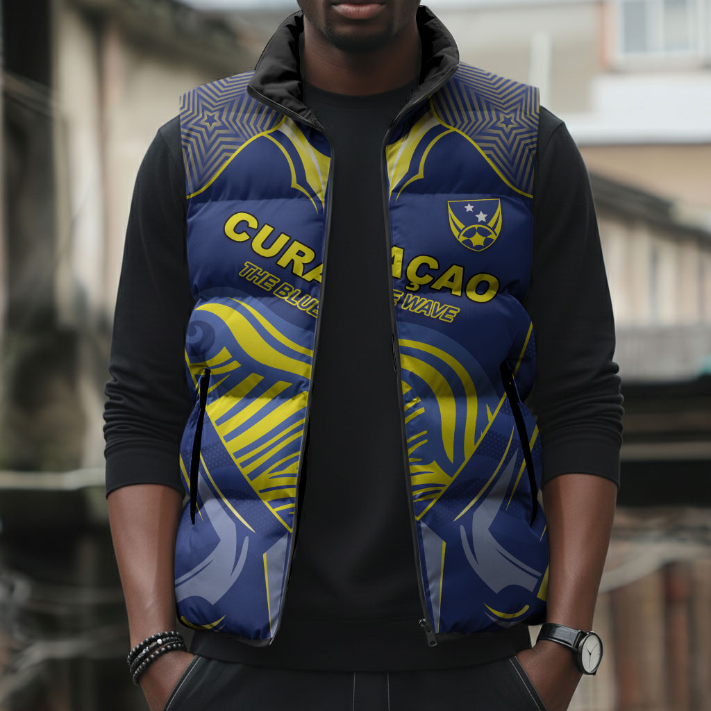 Custom Curacao Football Sleeveless Puffer Jacket Blue Wave Geometric Caribbean Sports Motif