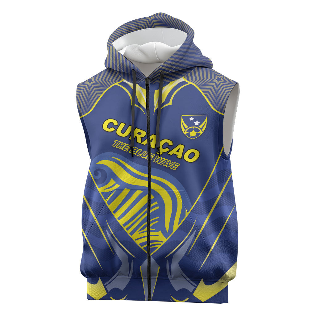 Custom Curacao Football Sleeveless Zip Hoodie Blue Wave Geometric Caribbean Sports Motif