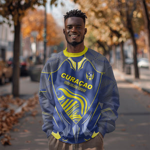 Custom Curacao Football Sweatshirt Blue Wave Geometric Caribbean Sports Motif