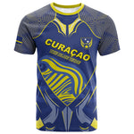 Custom Curacao Football T shirt Blue Wave Geometric Caribbean Sports Motif