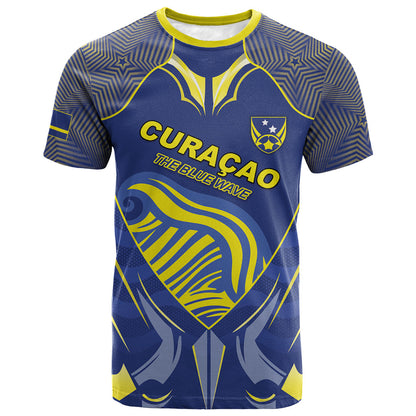 Custom Curacao Football T shirt Blue Wave Geometric Caribbean Sports Motif