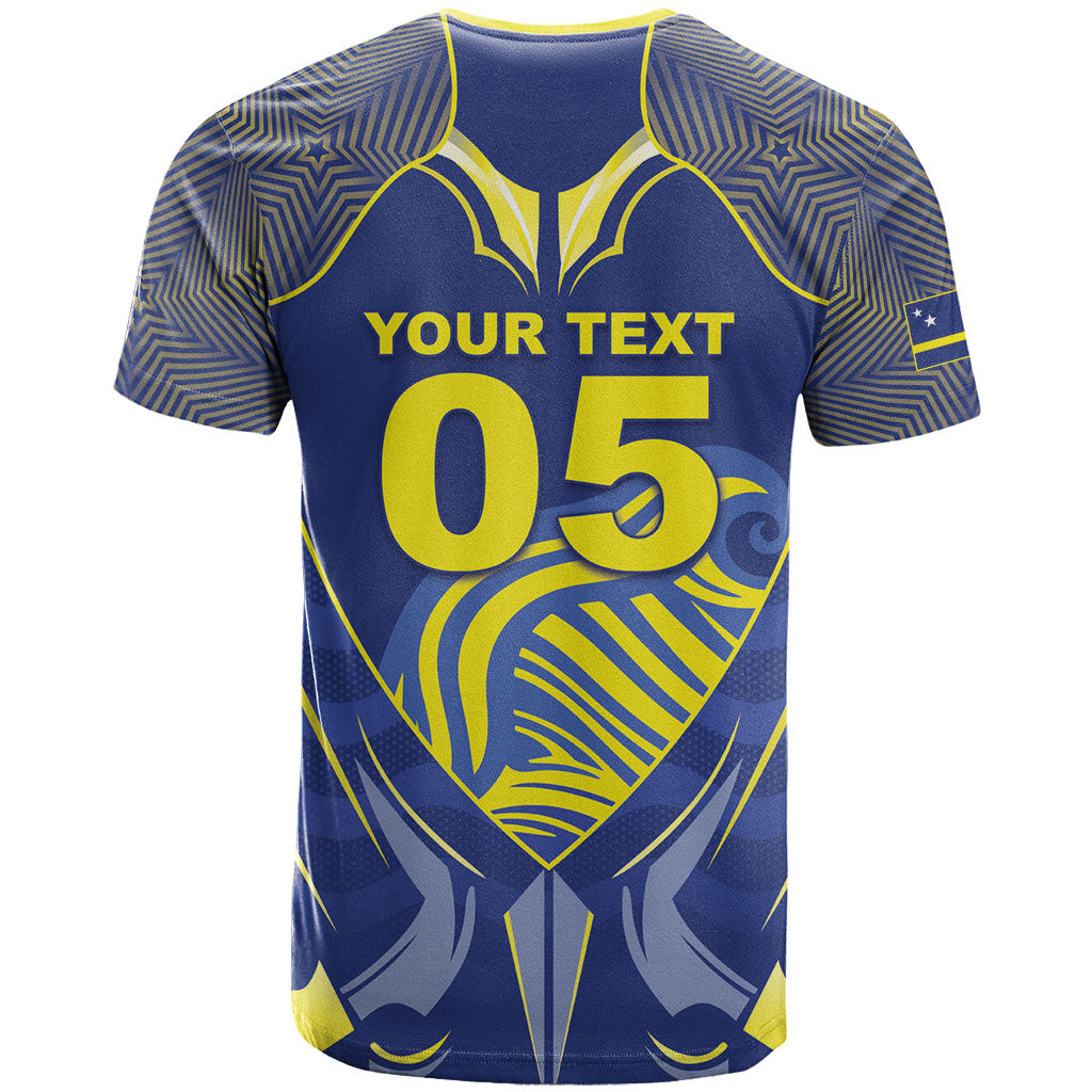 Custom Curacao Football T shirt Blue Wave Geometric Caribbean Sports Motif
