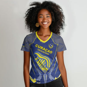 Custom Curacao Football Women V-Neck T-Shirt Blue Wave Geometric Caribbean Sports Motif