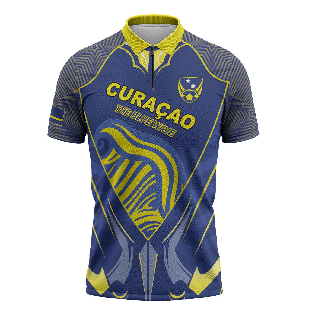 Custom Curacao Football Zipper Polo Shirt Blue Wave Geometric Caribbean Sports Motif