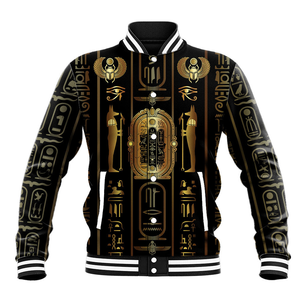 Egypt Cartouche Baseball Jacket Gold Pharaoh Hieroglyphics Patterns