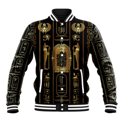 Egypt Cartouche Baseball Jacket Gold Pharaoh Hieroglyphics Patterns