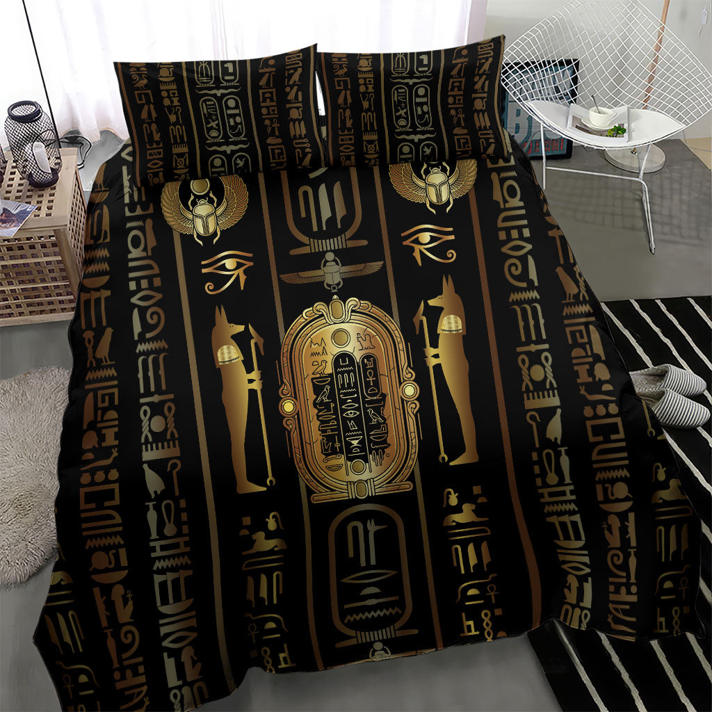 Egypt Cartouche Bedding Set Gold Pharaoh Hieroglyphics Patterns