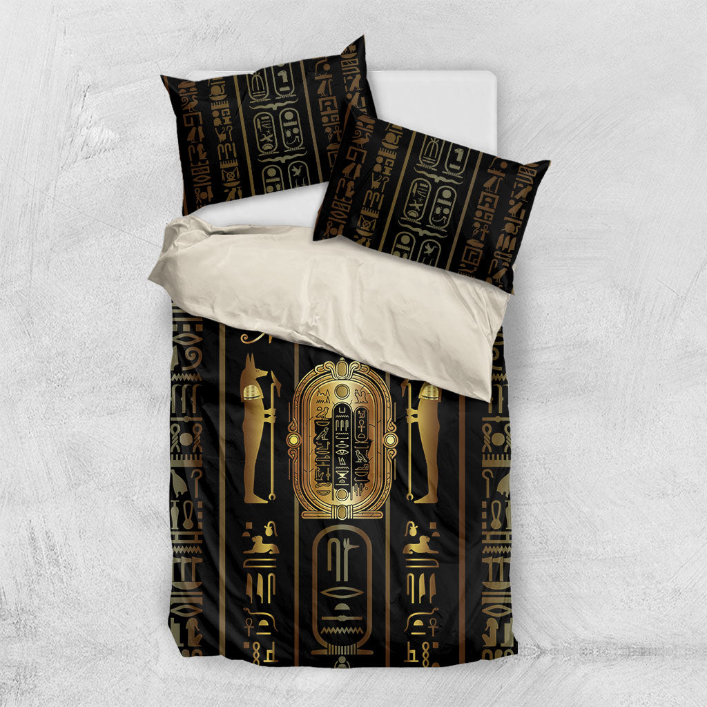 Egypt Cartouche Bedding Set Gold Pharaoh Hieroglyphics Patterns