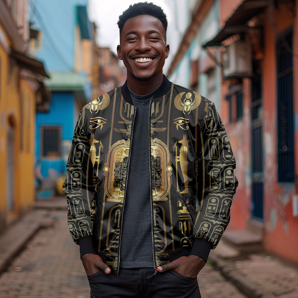 Egypt Cartouche Bomber Jacket Gold Pharaoh Hieroglyphics Patterns