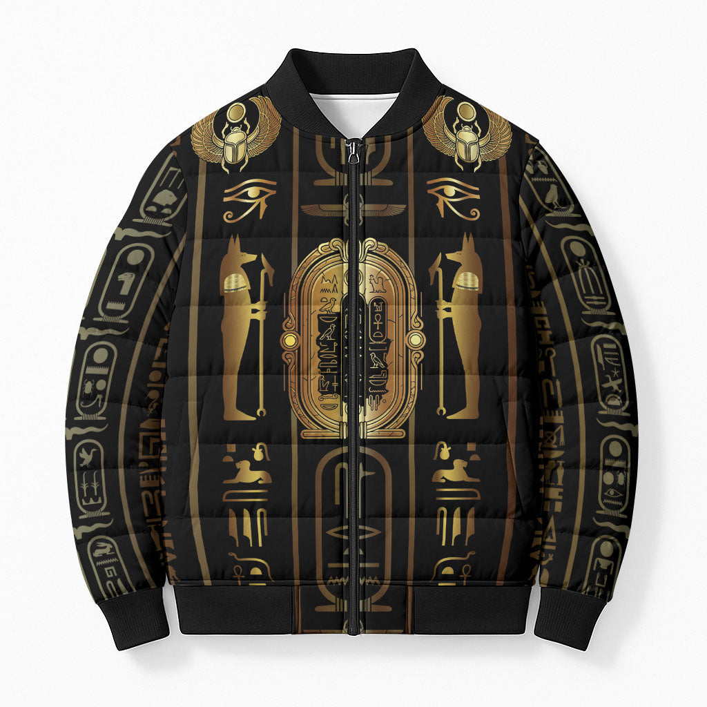 Egypt Cartouche Bomber Puffer Jacket Gold Pharaoh Hieroglyphics Patterns