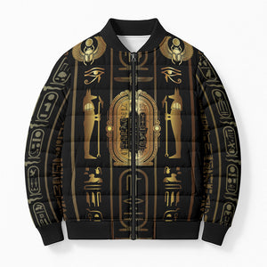 Egypt Cartouche Bomber Puffer Jacket Gold Pharaoh Hieroglyphics Patterns