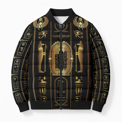 Egypt Cartouche Bomber Puffer Jacket Gold Pharaoh Hieroglyphics Patterns