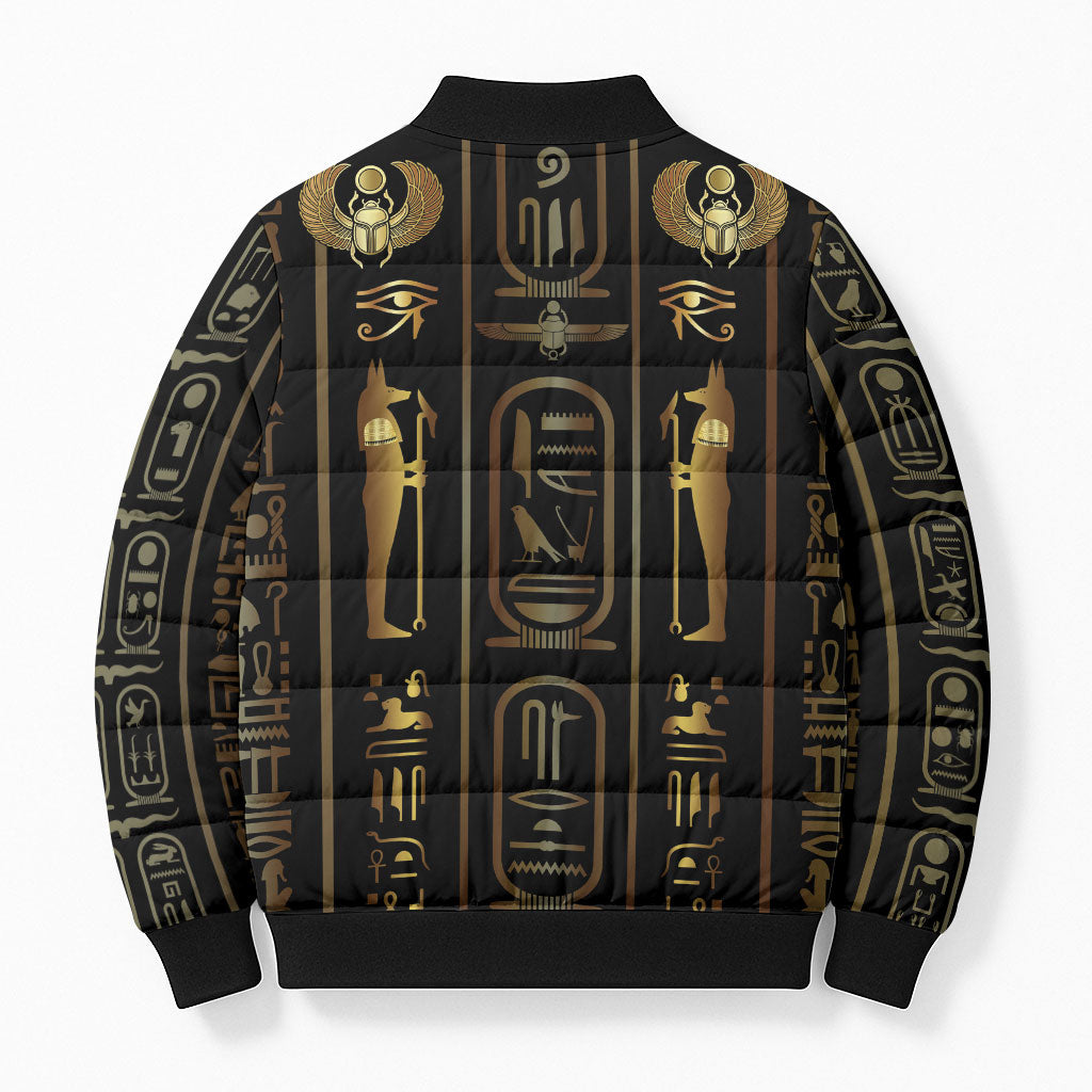 Egypt Cartouche Bomber Puffer Jacket Gold Pharaoh Hieroglyphics Patterns