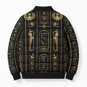 Egypt Cartouche Bomber Puffer Jacket Gold Pharaoh Hieroglyphics Patterns