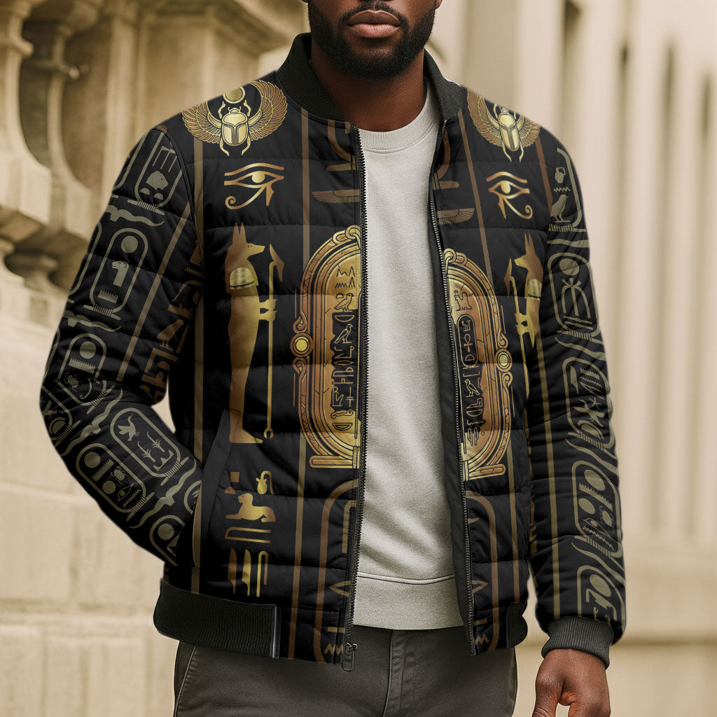 Egypt Cartouche Bomber Puffer Jacket Gold Pharaoh Hieroglyphics Patterns