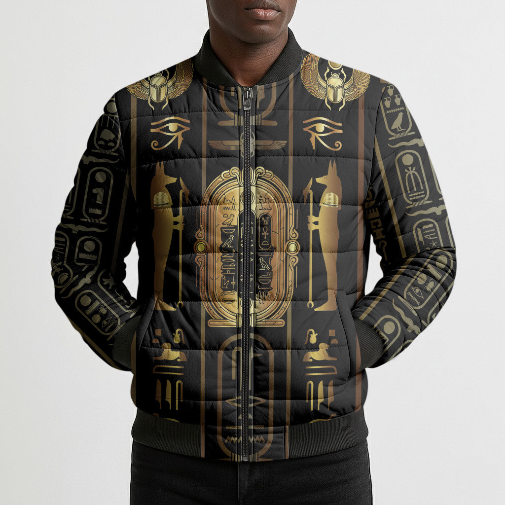 Egypt Cartouche Bomber Puffer Jacket Gold Pharaoh Hieroglyphics Patterns