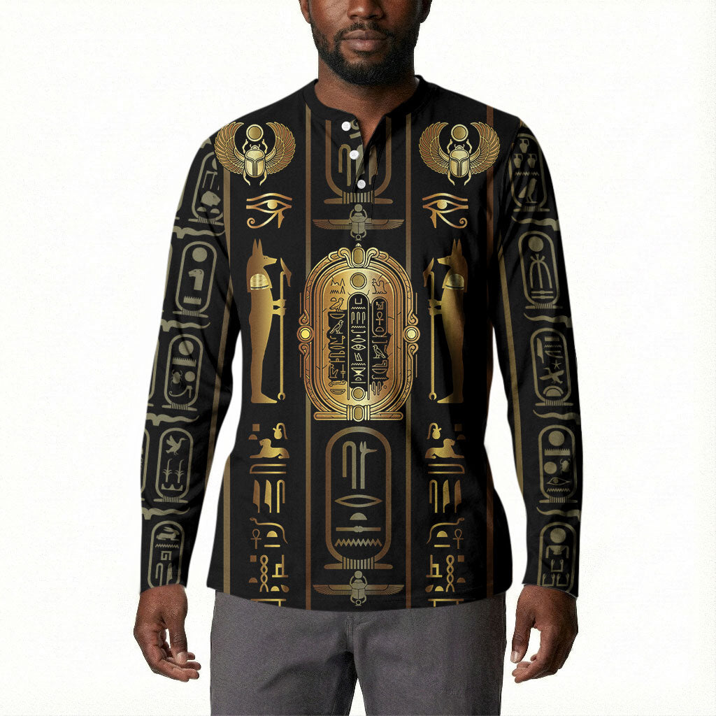 Egypt Cartouche Button Sweatshirt Gold Pharaoh Hieroglyphics Patterns