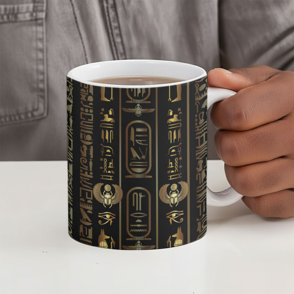 Egypt Cartouche Ceramic Mug Gold Pharaoh Hieroglyphics Patterns