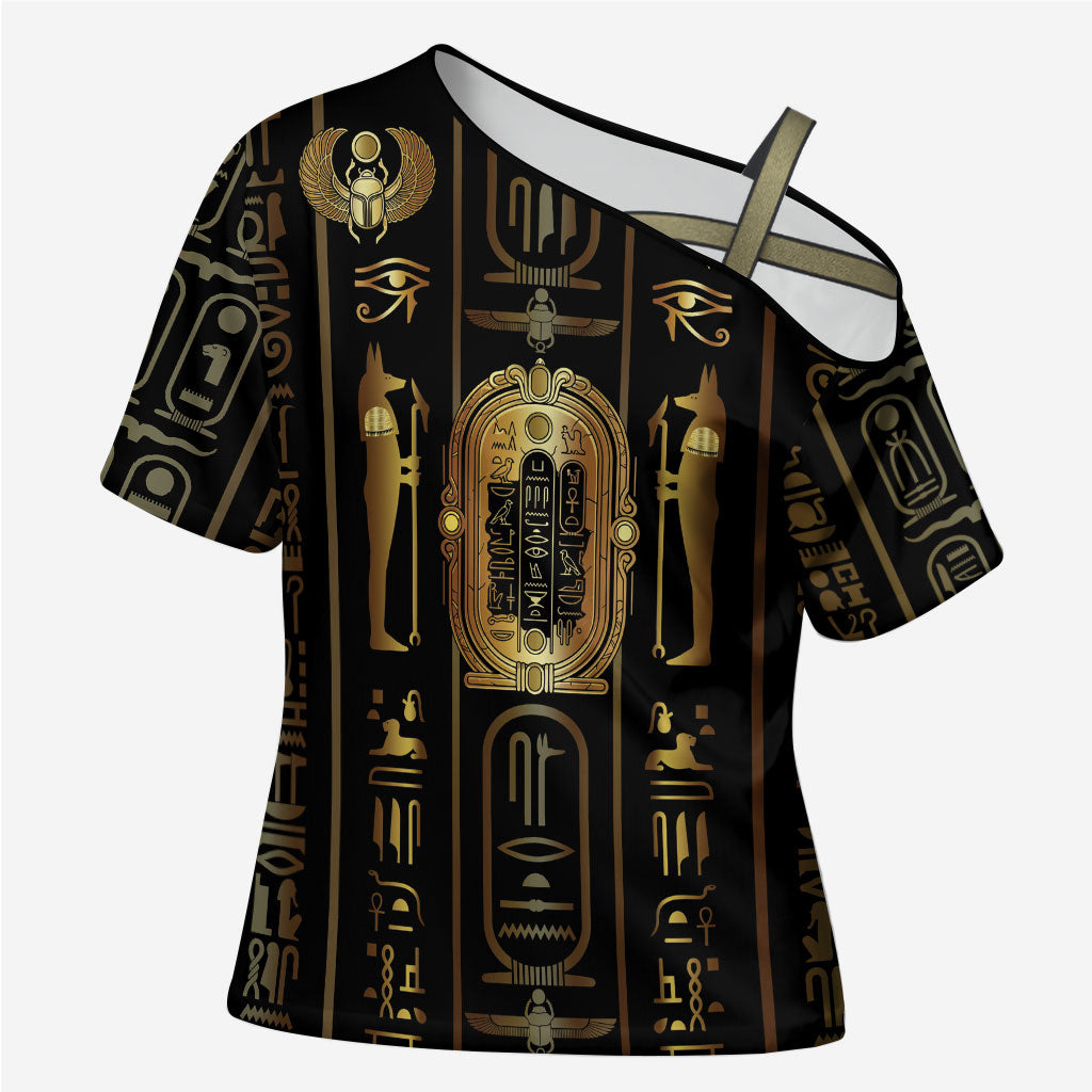 Egypt Cartouche Cross Shoulder Shirt Gold Pharaoh Hieroglyphics Patterns