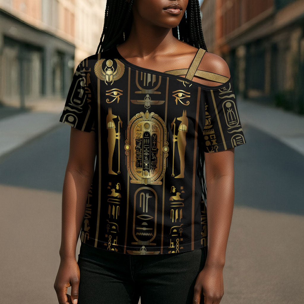 Egypt Cartouche Cross Shoulder Shirt Gold Pharaoh Hieroglyphics Patterns