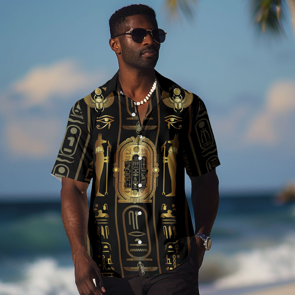 Egypt Cartouche Hawaiian Shirt Gold Pharaoh Hieroglyphics Patterns