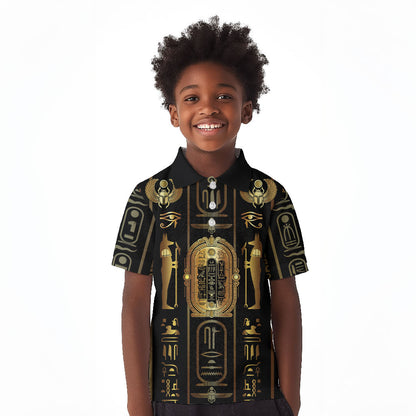 Egypt Cartouche Kid Polo Shirt Gold Pharaoh Hieroglyphics Patterns