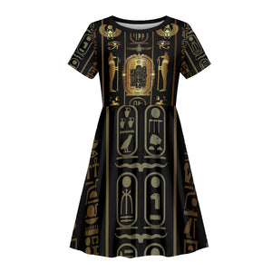 Egypt Cartouche Kid Short Sleeve Dress Gold Pharaoh Hieroglyphics Patterns