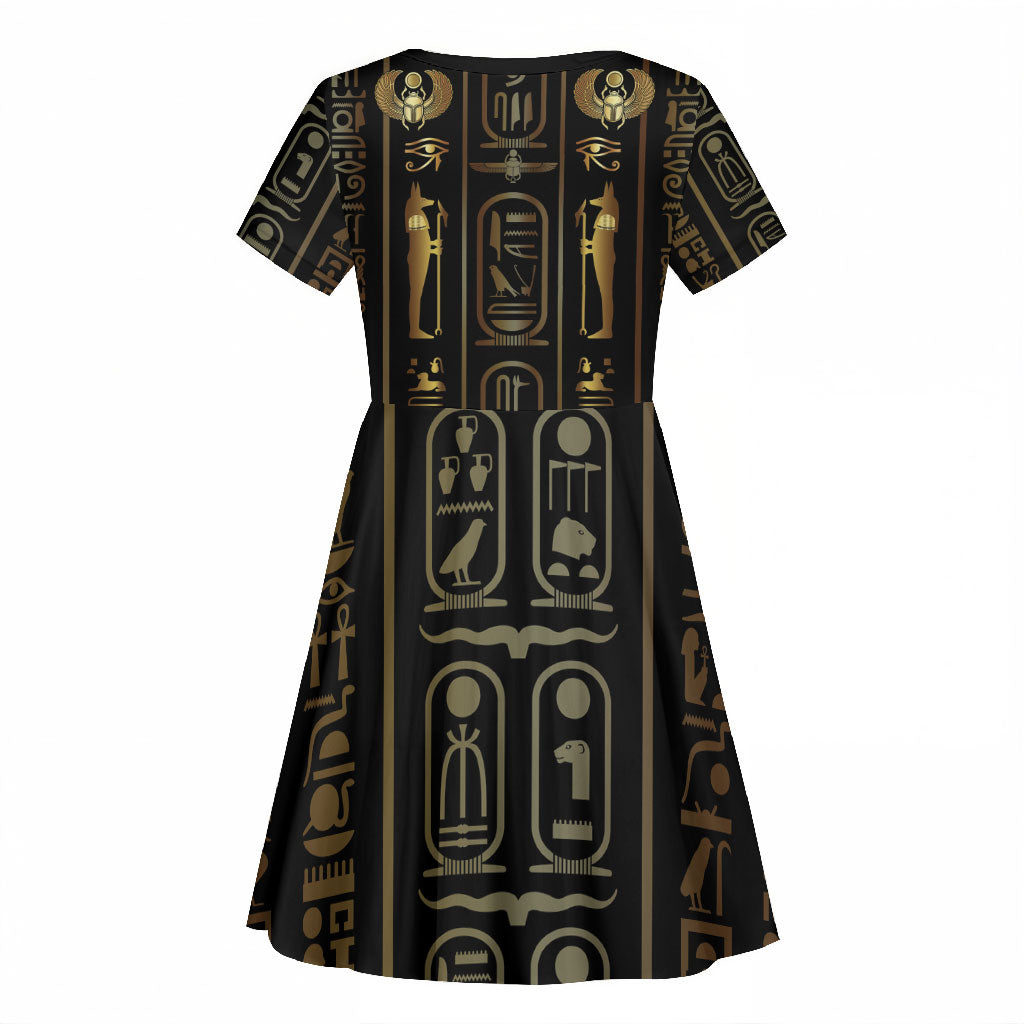 Egypt Cartouche Kid Short Sleeve Dress Gold Pharaoh Hieroglyphics Patterns