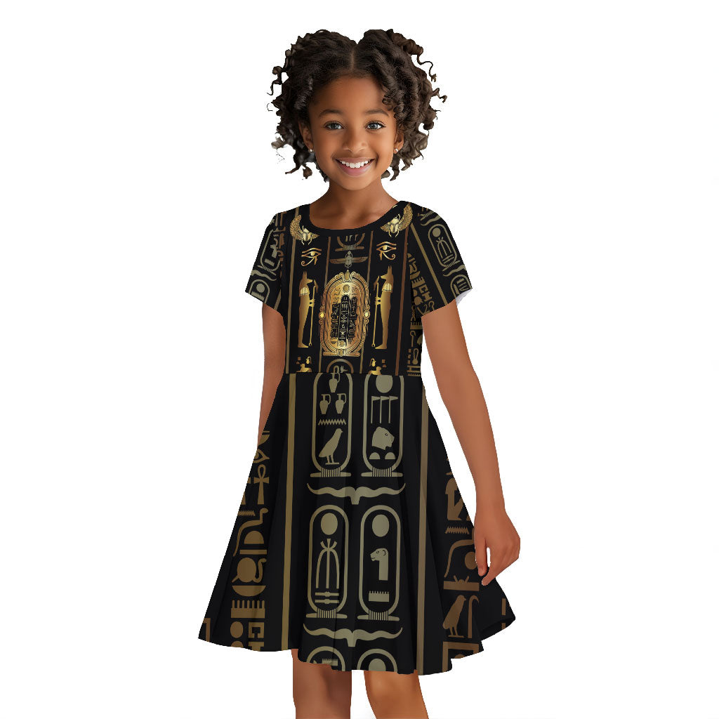 Egypt Cartouche Kid Short Sleeve Dress Gold Pharaoh Hieroglyphics Patterns