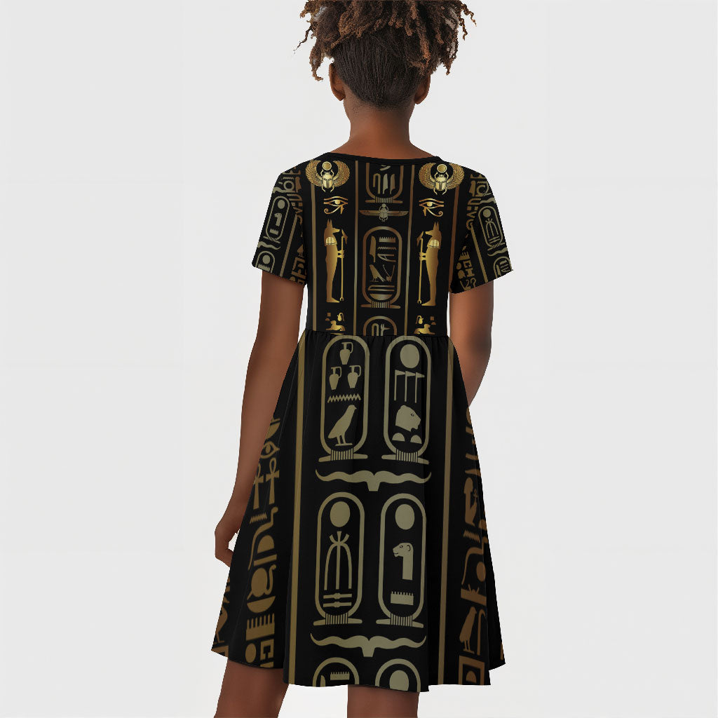 Egypt Cartouche Kid Short Sleeve Dress Gold Pharaoh Hieroglyphics Patterns