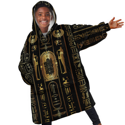 Egypt Cartouche Kid Wearable Blanket Hoodie Gold Pharaoh Hieroglyphics Patterns