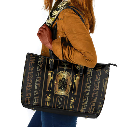 Egypt Cartouche Leather Tote Bag Gold Pharaoh Hieroglyphics Patterns