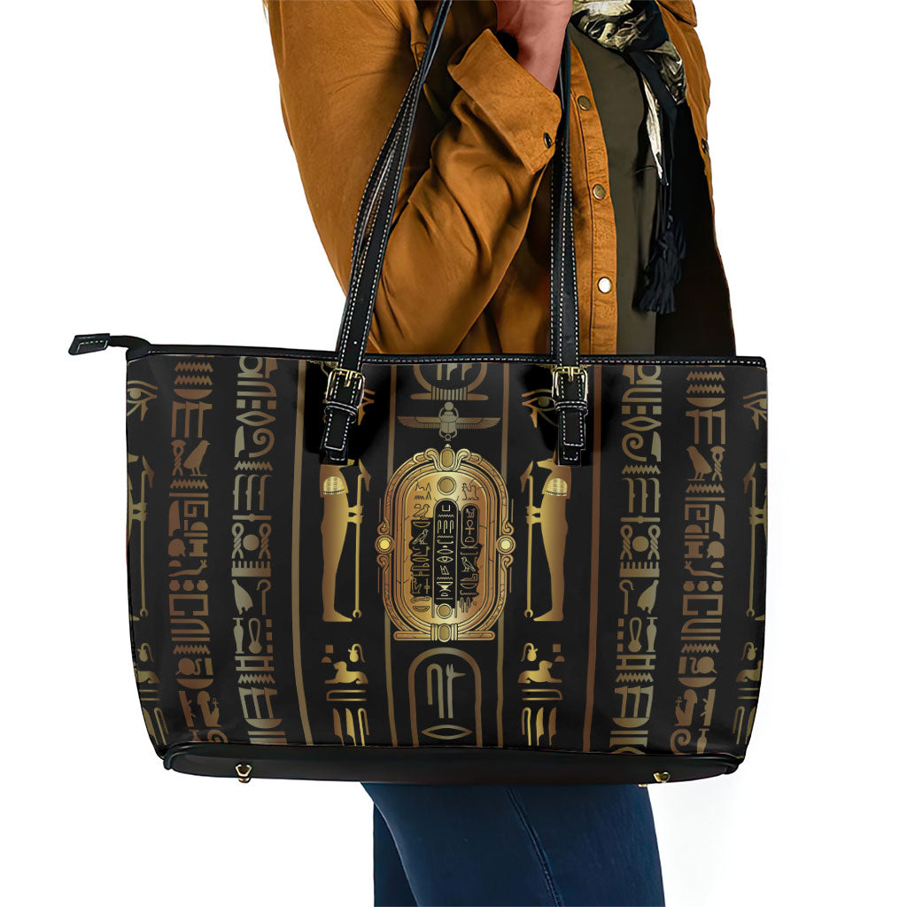 Egypt Cartouche Leather Tote Bag Gold Pharaoh Hieroglyphics Patterns