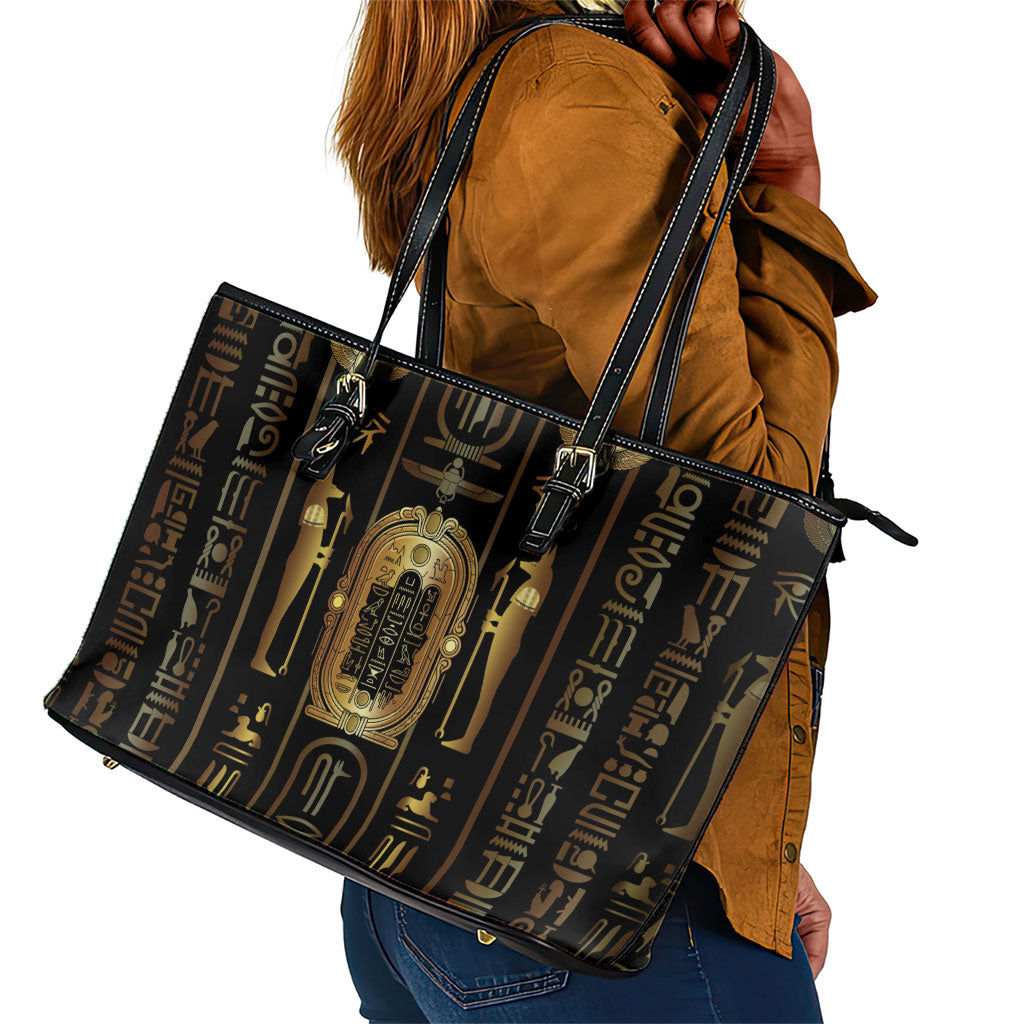 Egypt Cartouche Leather Tote Bag Gold Pharaoh Hieroglyphics Patterns